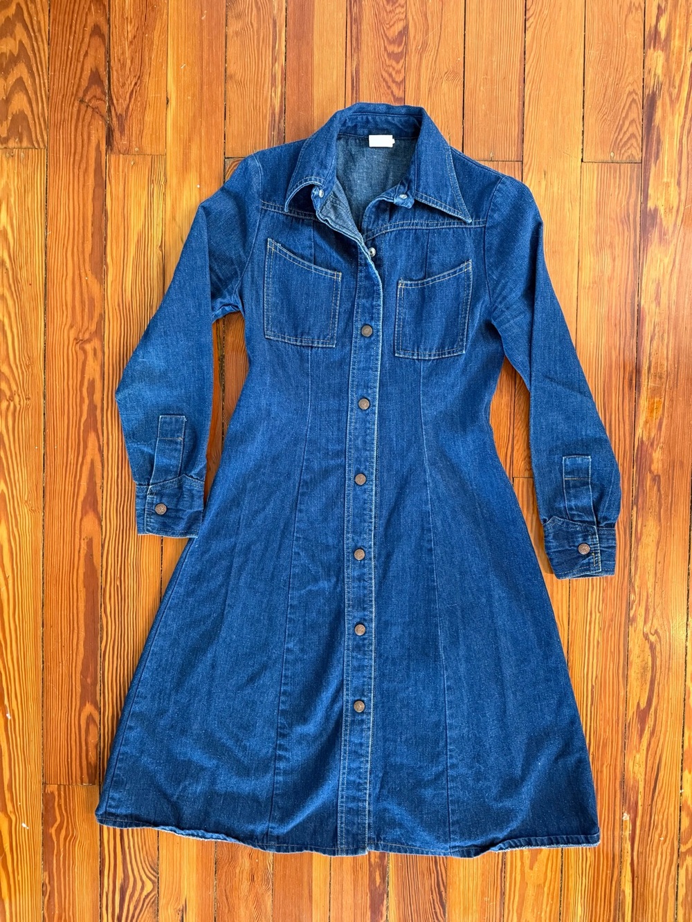 Women's Vintage Dark Blue Denim Snap-Front Midi Shirt Dress XS Long Collar CUTE